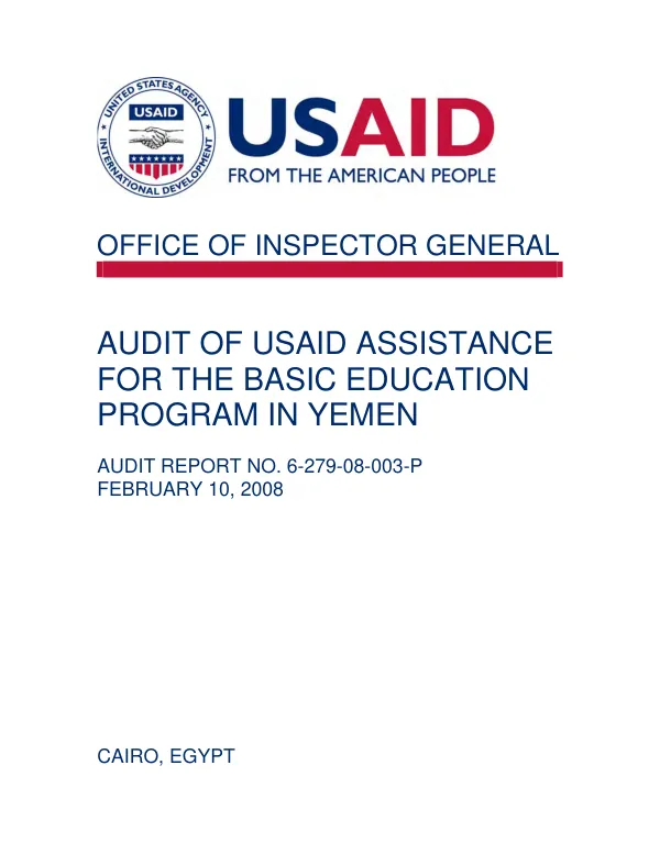 Audit of USAID assistance for the basic education program in Yemen