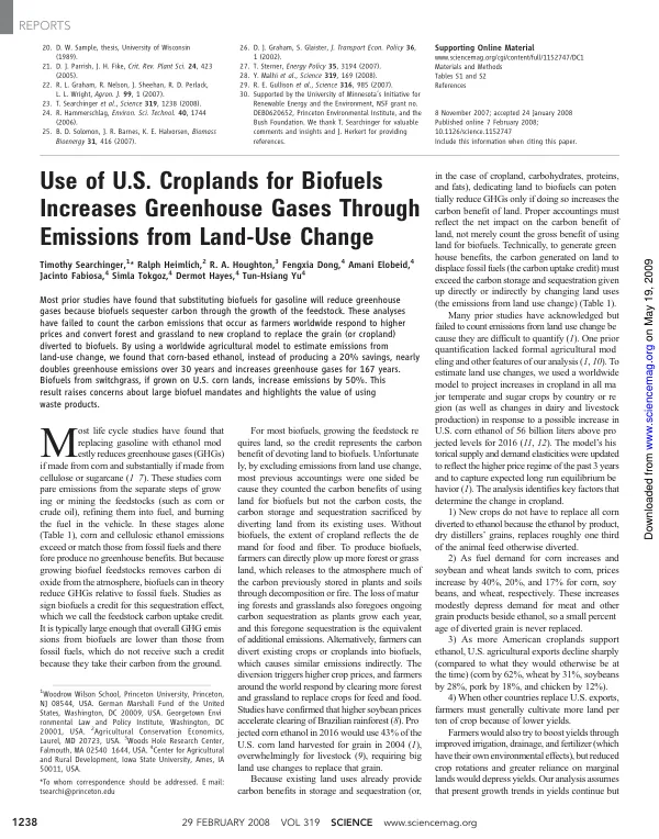 Use of U.S. croplands for biofuels increases greenhouse gases through emissions from land-use change