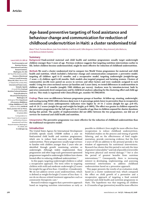 Age-based preventive targeting of food assistance and behaviour change and communication for reduction of childhood undernutrition in Haiti : a cluster randomised trial