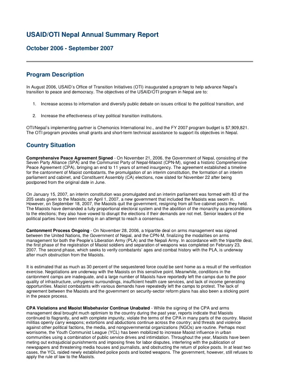 USAID/OTI Nepal annual summary report, October 2006-September 2007