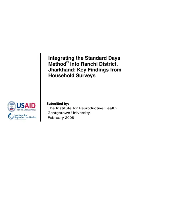 Integrating the Standard Days Method(R) into Ranchi District, Jharkhand : key findings from household surveys