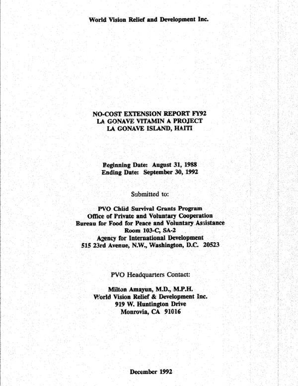 No-cost extension report FY92 : La Gonave Vitamin A project, La Gonave Island, Haiti