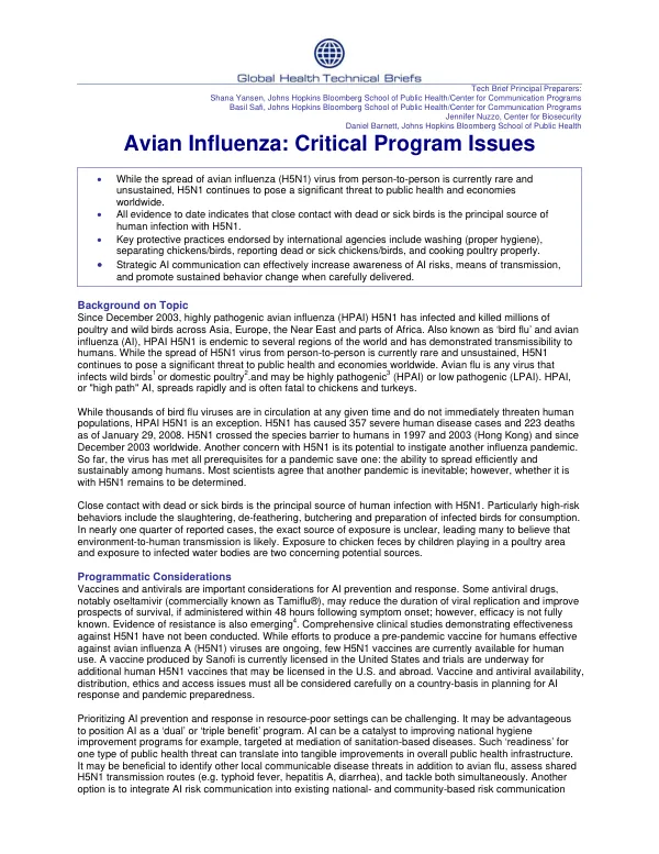 Avian influenza : critical program issues