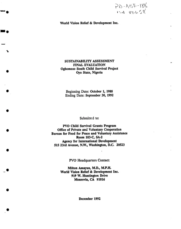Sustainability assessment final evaluation : Ogbomoso South child survival project, Oyo State, Nigeria
