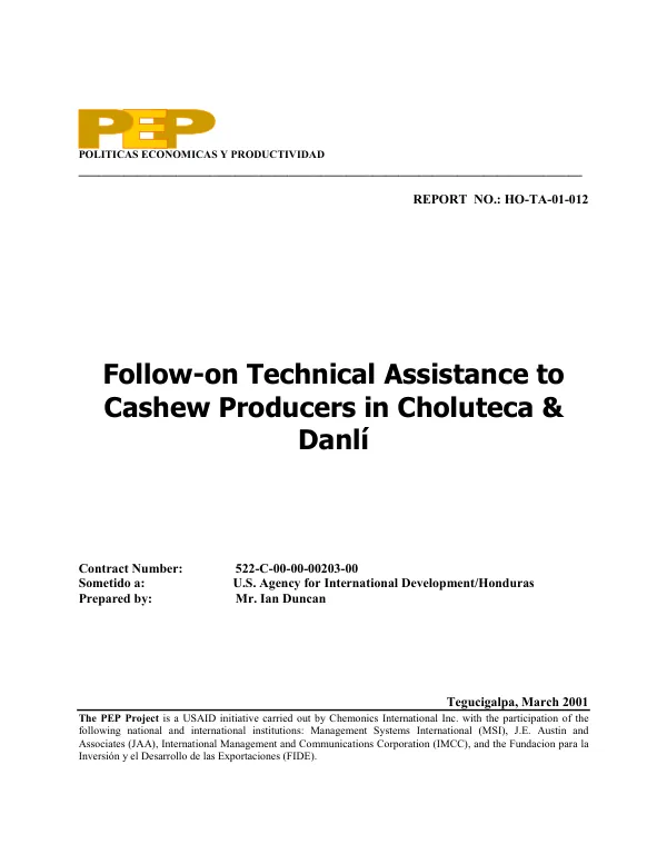 Follow-on technical assistance to cashew producers in Choluteca & Danli[, Honduras]