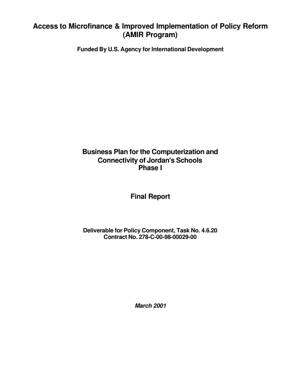 Business plan for the computerization and connectivity of Jordan"s schools, phase I : final report