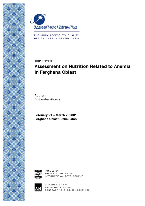 Assessment on nutrition related to anemia in Ferghana Oblast[, Uzbekistan]