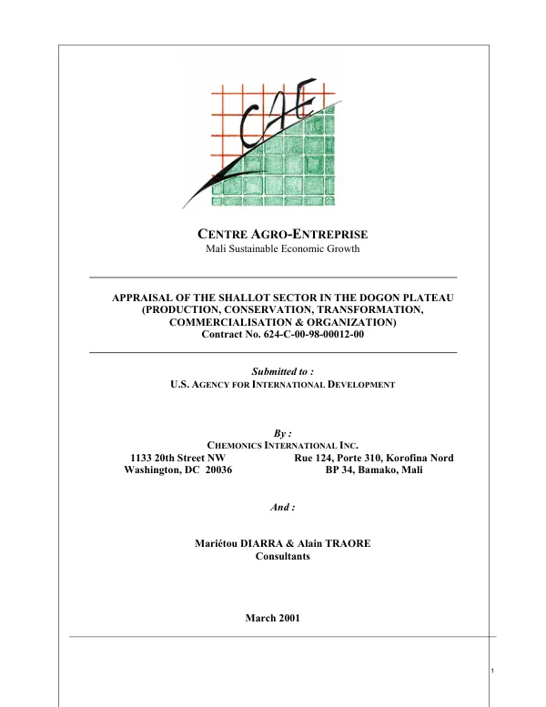 Appraisal of the shallot sector in the Dogon plateau[, Mali] : (production, conservation, transformation, commercialisation & organization)