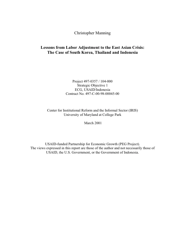 Lessons from labor adjustment to the East Asian crisis : the case of South Korea, Thailand and Indonesia