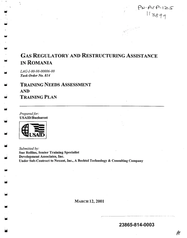 Gas regulatory and restructuring assistance in Romania : training needs assessment and training plan