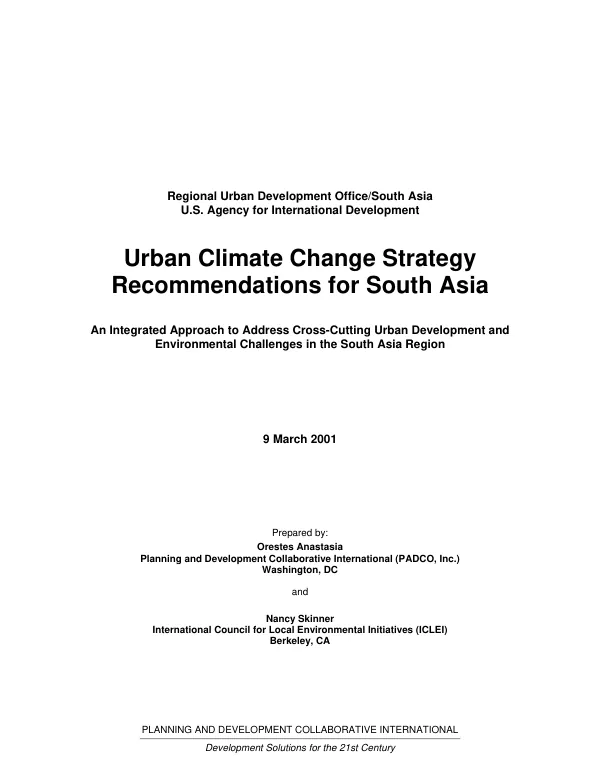 Urban climate change strategy recommendations for South Asia : an integrated approach to address cross-cutting urban development and environment challenges in the South Asia region