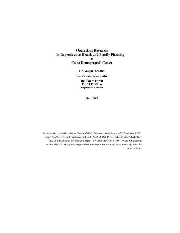 Operations research in reproductive health and family planning at Cairo Demographic Center : final report