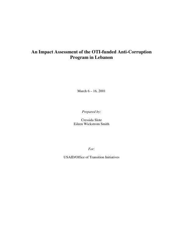 An impact assessment of the OTI-funded anti-corruption program in Lebanon -- March 6-16, 2001