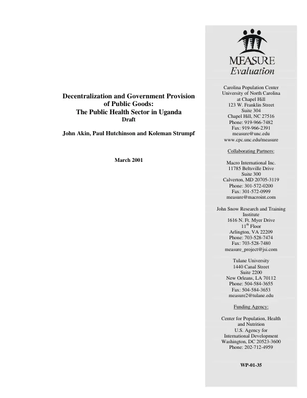 Decentralization and government provision of public goods : the public health sector in Uganda