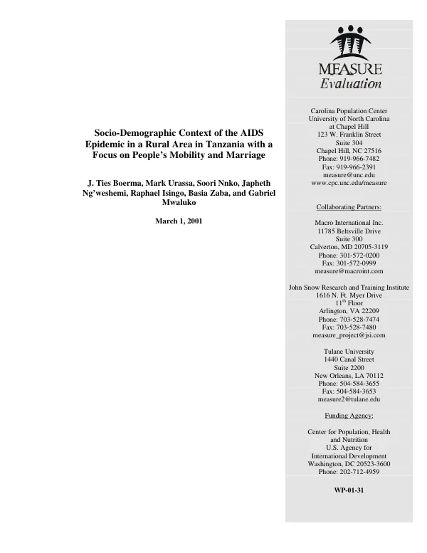 Socio-demographic context of the AIDS epidemic in a rural area in Tanzania with a focus on people"s mobility and marriage