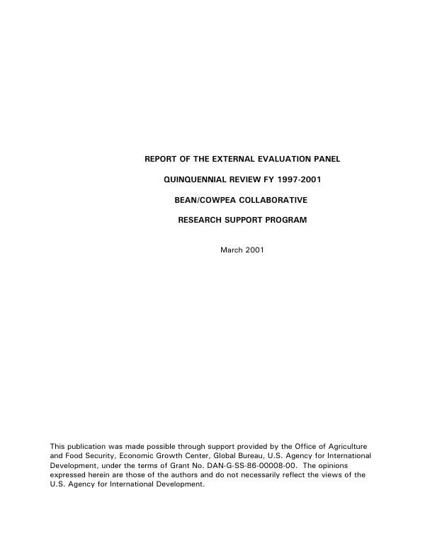 Report of the external evaluation panel quinquennial review FY 1997-2001 bean/cowpea collaborative research support program