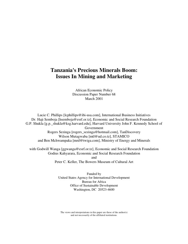 Tanzania"s precious minerals boom : issues in mining and marketing