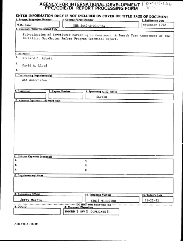Privatization of fertilizer marketing in Cameroon : a fourth - year assessment of the fertilizer sub-sector reform program -- technical report
