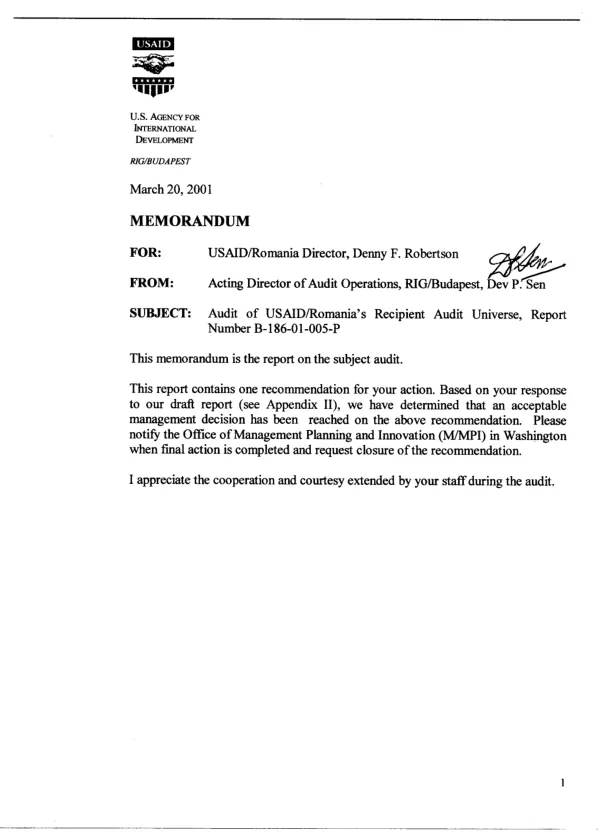 Audit of USAID/Romania"s recipient audit universe