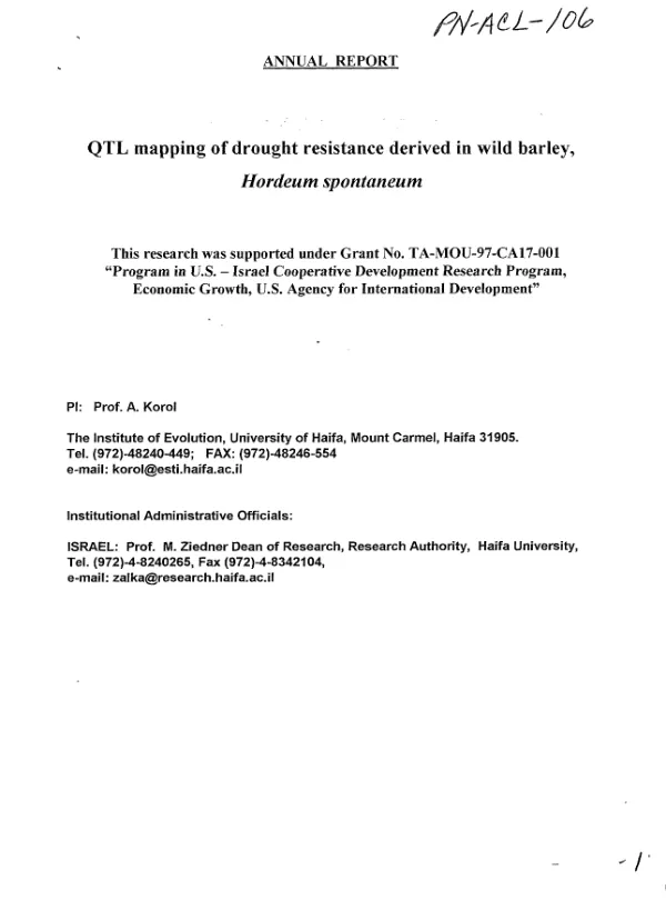 Annual report : QTL mapping of drought resistance derived in wild barley, Hordeum spontaneum