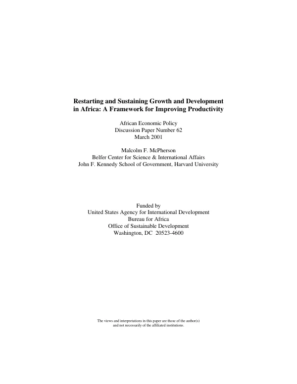 Restarting and sustaining growth and development in Africa : a framework for improving productivity