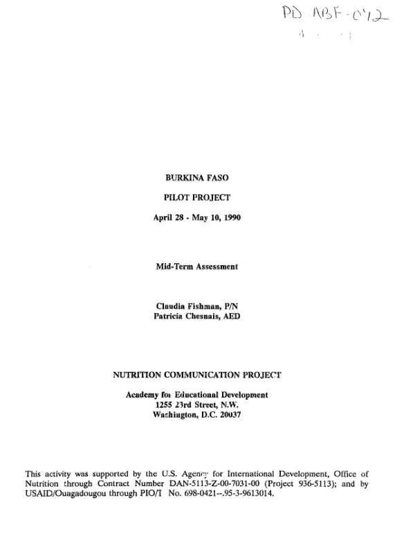 Burkina Faso pilot project : April 28-May 10, 1990 -- mid-term assessment
