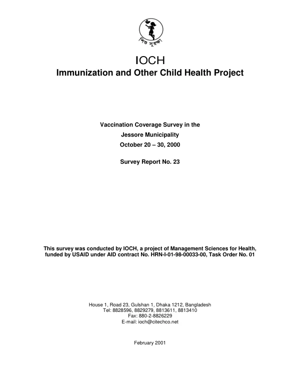 Vaccination coverage survey in the Jessore Municipality, October 20-30, 2000