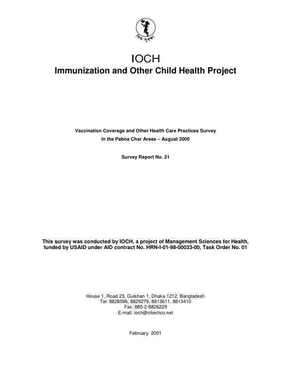 Vaccination coverage and other health care practices survey in the Pabna Char areas, August 2000
