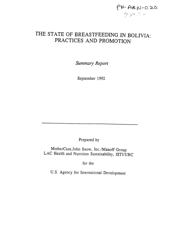 State of breastfeeding in Bolivia : practices and promotion -- summary report