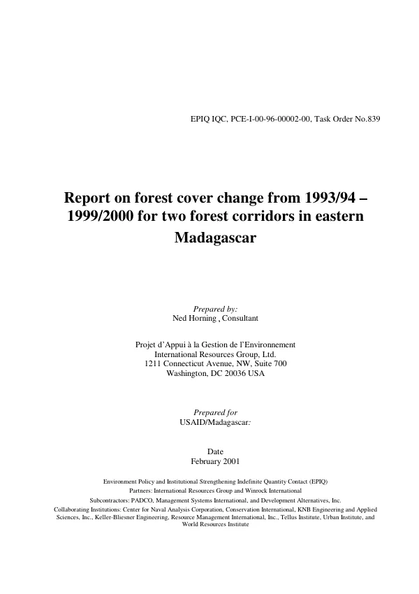 Report on forest cover change from 1993/94-1999/2000 for two forest corridors in eastern Madagascar