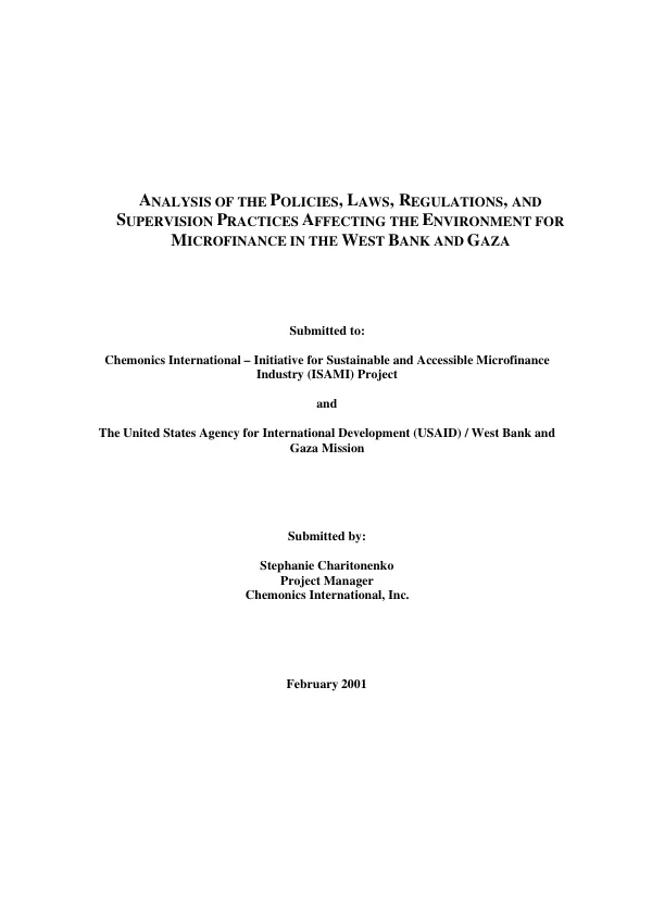 Analysis of the policies, laws, regulations, and supervision practices affecting the environment for microfinance in the West Bank and Gaza
