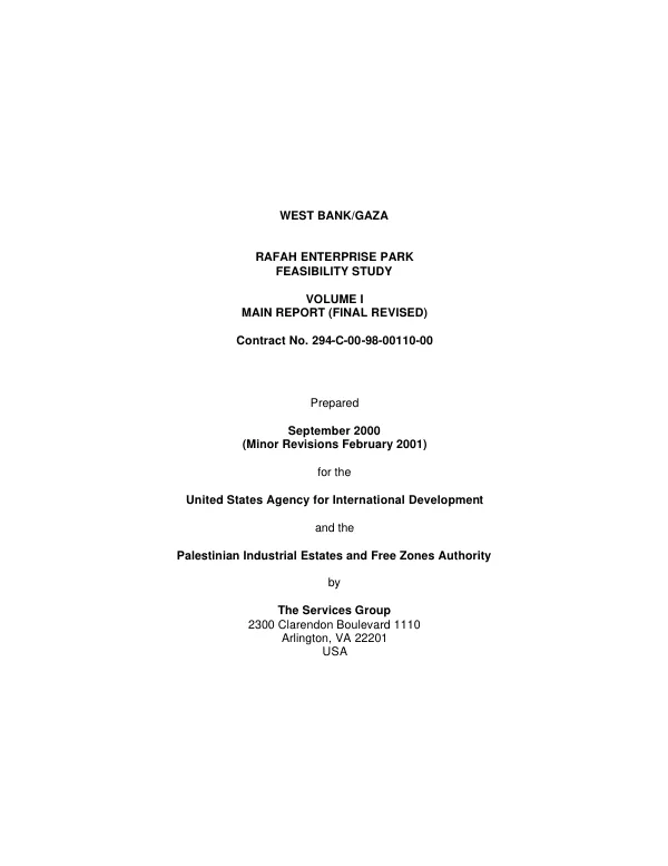 West Bank/Gaza : Rafah Enterprise Park feasibility study -- volume I main report (final revised), contract no. 294-C-00-98-00110-00