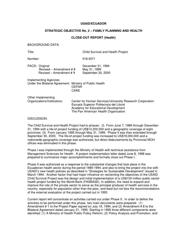 USAID/Ecuador : strategic objective no. 2, family planning and health -- close-out report (health)