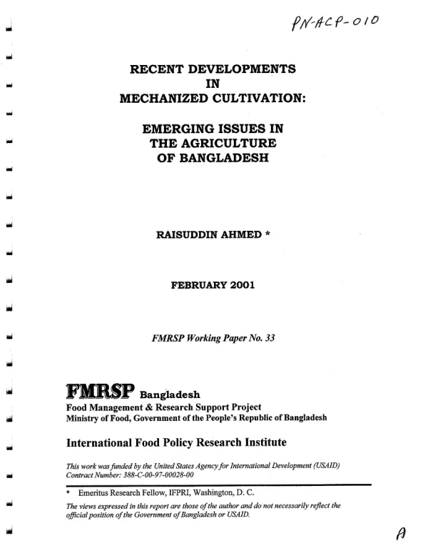 Recent developments in mechanized cultivation : emerging issues in the agriculture of Bangladesh