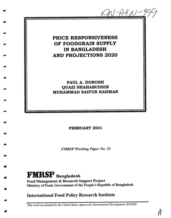 Price responsiveness of foodgrain supply in Bangladesh and projections 2020