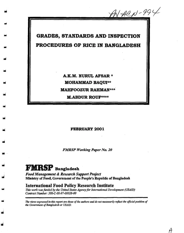 Grades, standards and inspection procedures of rice in Bangladesh