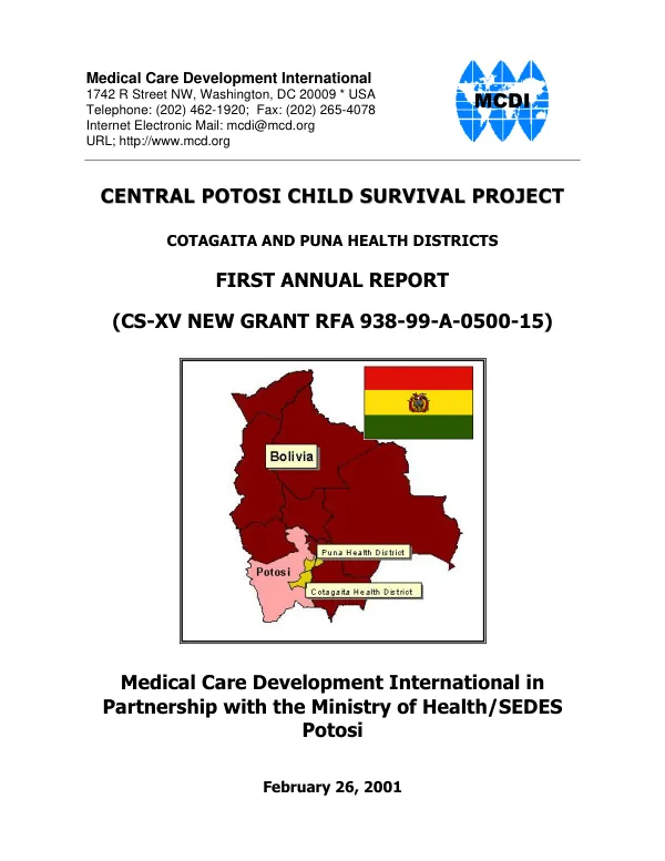 Medical Care Development International (MCDI) : Central Potosi child survival project, Cotagaita and Puna health districts[, Bolivia] -- first annual report (CS-XV new grant RFA 938-99-A-0500-15)