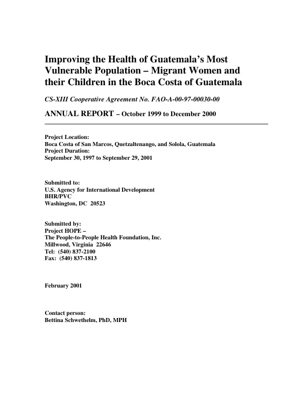 Improving the health of Guatemala"s most vulnerable population : migrant women and their children in the Boca Costa of Guatemala : CS-XIII cooperative agreement no. FAO-A-00-97-00030-00 -- annual report, October 1999 to December 2000