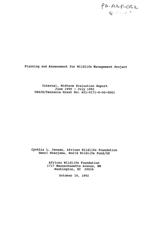 Planning and assessment for wildlife management project : internal, midterm evaluation report, June 1990 - July 1992