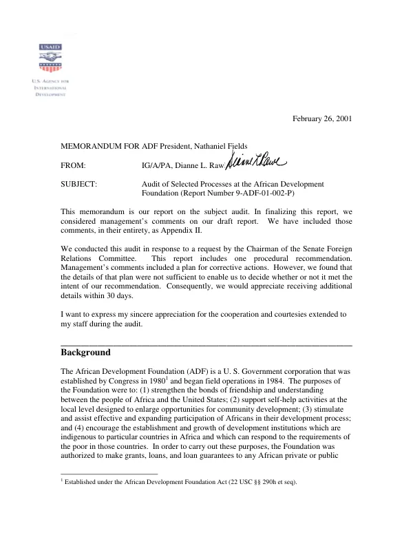 Audit of selected processes at the African Development Foundation