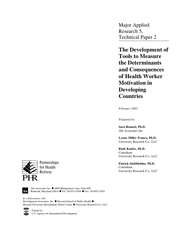 Development of tools to measure the determinants and consequences of health worker motivation in developing countries