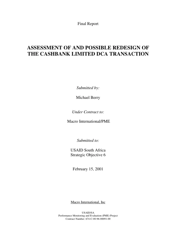 Assessment of and possible redesign of the Cashbank Limited DCA [development credit authority] transaction