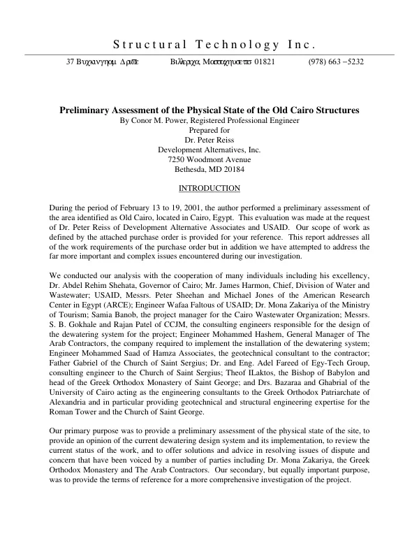 Preliminary assessment of the physical state of the Old Cairo structures