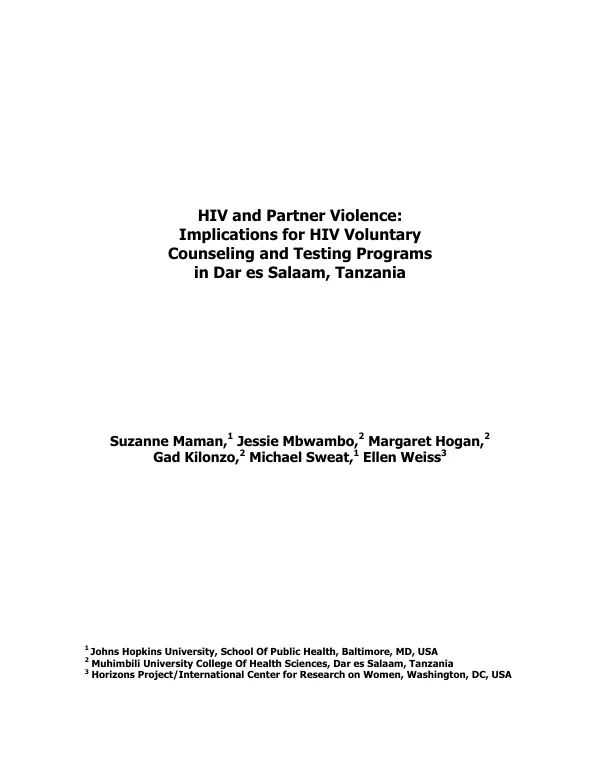HIV and partner violence : implications for HIV voluntary counseling and testing programs in Dar es Salaam, Tanzania