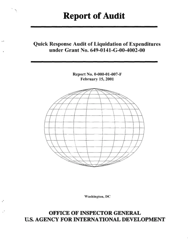Quick response audit of liquidation of expenditures under grant no. 649-0141-G-00-4002-00 [Somalia]