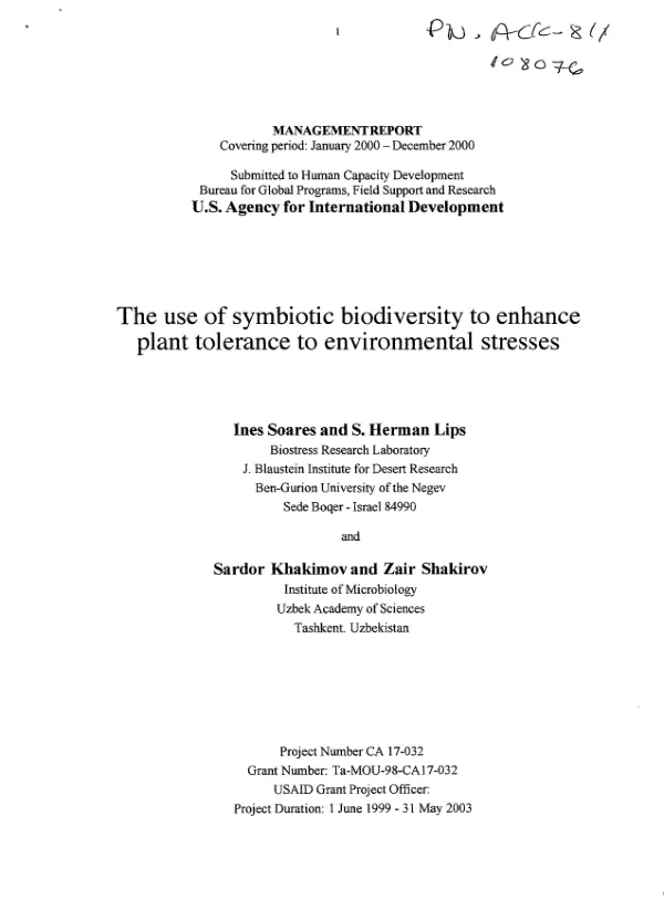 Use of symbiotic diversity to enhance plant tolerance to environmental stresses [annual report] covering period January 2000-December 2000