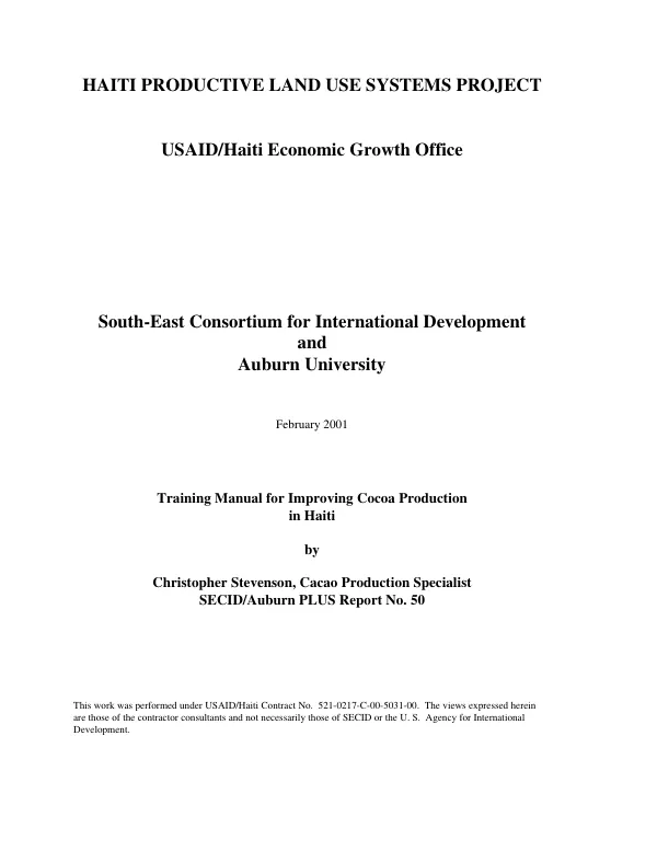 Training manual for improving cocoa production in Haiti