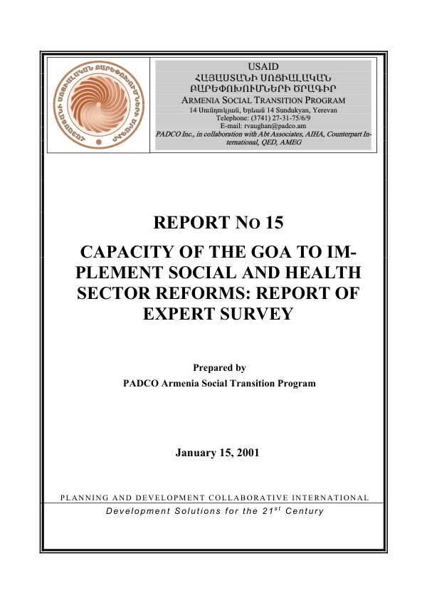 Capacity of the GOA [Government of Armenia] to implement social and health sector reforms : report of expert survey
