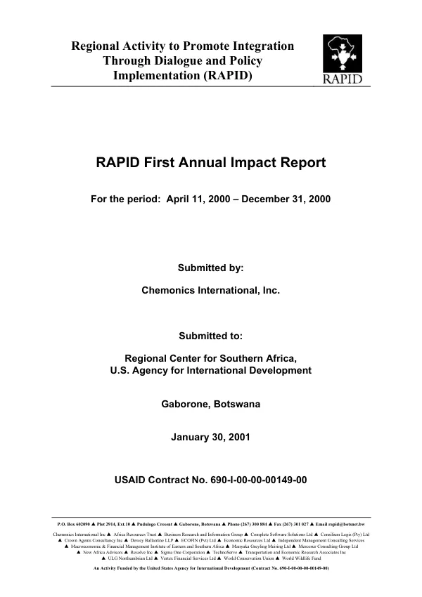 RAPID (regional activity to promote integration through dialogue and policy implementation) first annual impact report for the period April 11, 2000-December 31, 2000