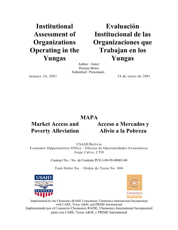 Institutional assessment of organizations operating in the Yungas = Evaluacion institucional de las organizaciones que trabajan en los Yungas
